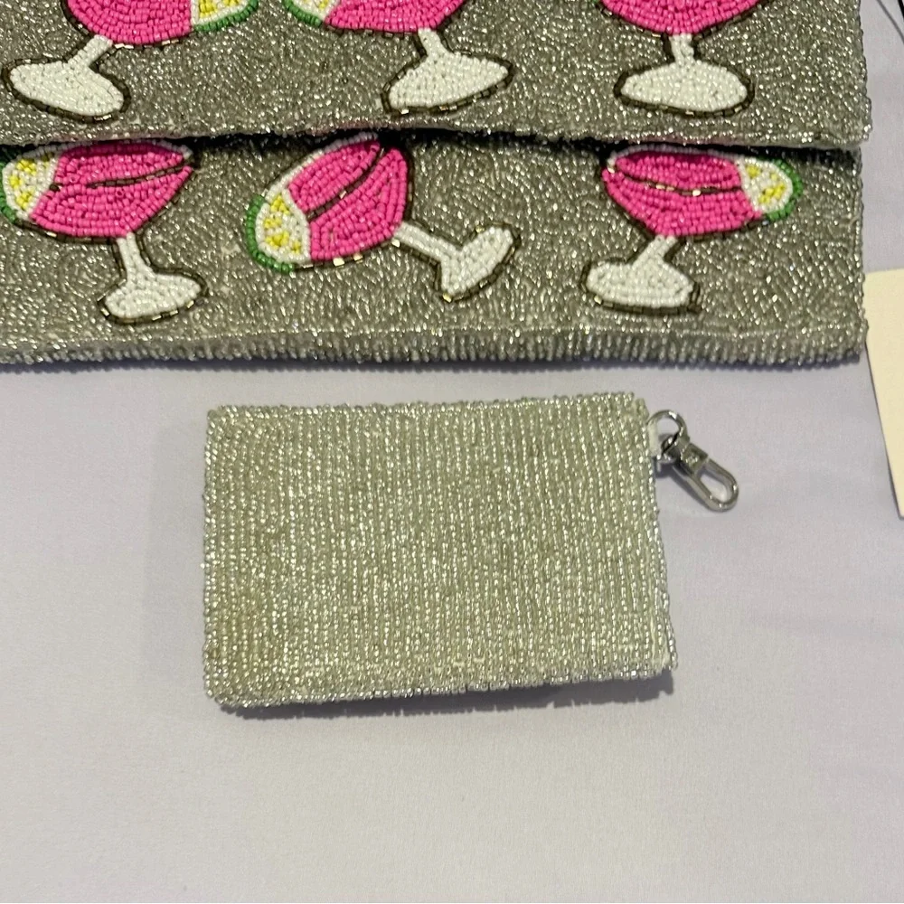 Rachel Zoe Silver Beaded Clutch with Pink Cocktail Motif w/ coin pouch